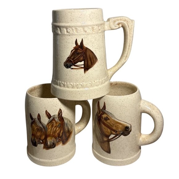 Horse Head Ceramic Stein Set Handcrafted By Fossil Craft Canada - Picture 1 of 12